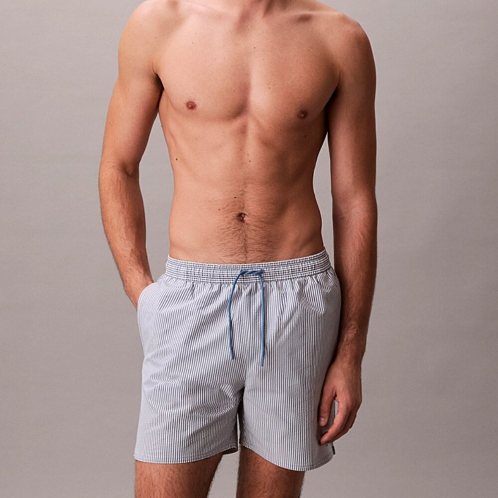 Calvin Klein Men's Seersucker Swim Trunks Size Medium 5" Inseam Blue White Lined